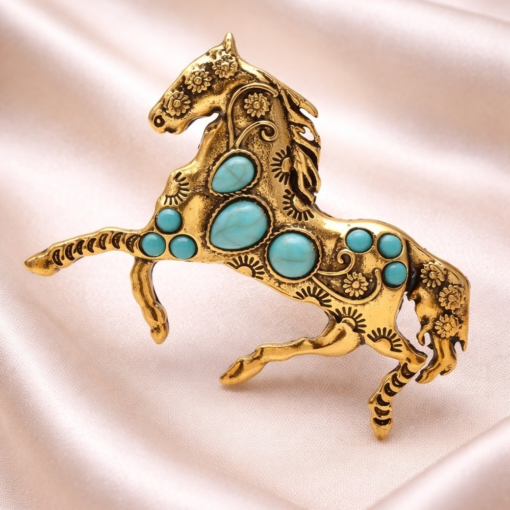 Vintage Gold Horse Brooch with Turquoise – Western Style Statement Pin